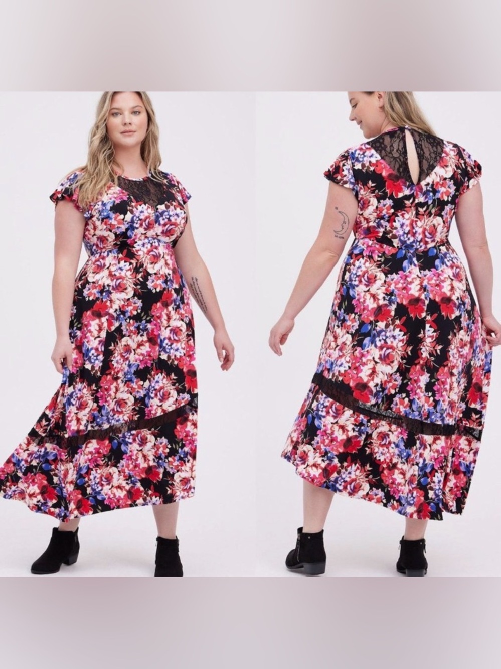 Torrid Black Lace Floral Studio Knit Skater Midi Dress, Size 3X